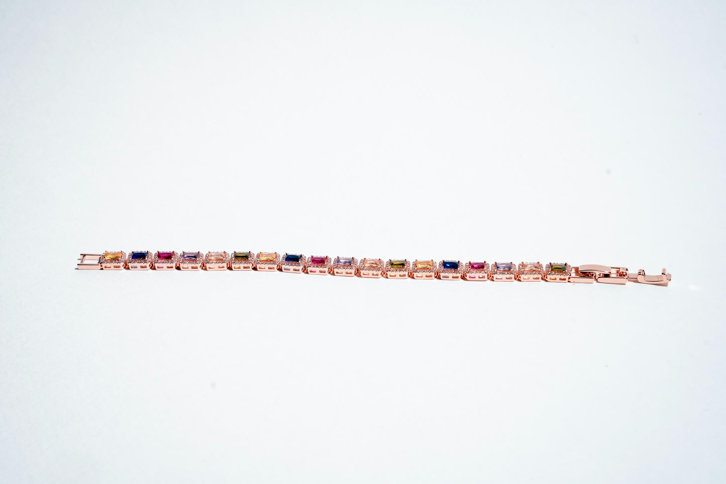 Prism of Joy: Rose Gold-Plated Multi-Color Baguette Tennis Bracelet