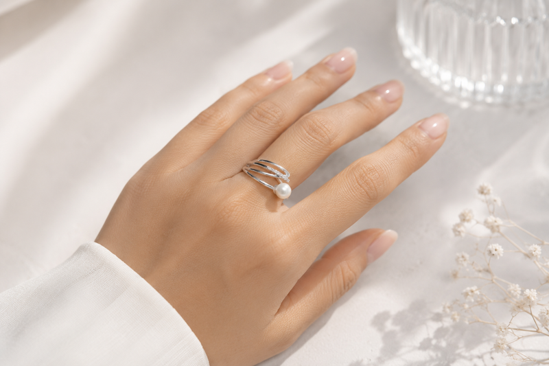 The "Ethereal Intertwine" Pearl & Pavé Crossover Ring