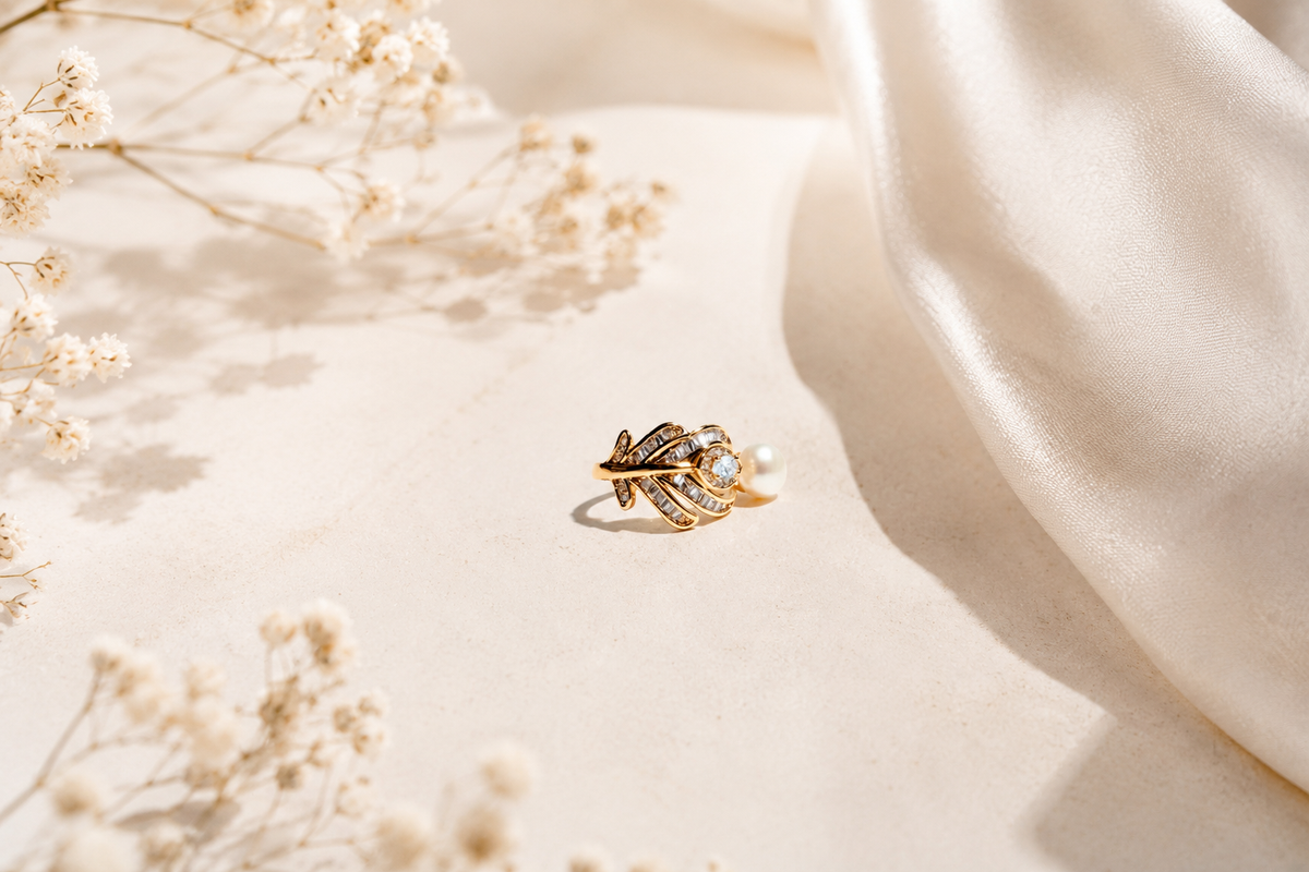 The "Gilded Feather" Pearl & Baguette Statement Ring