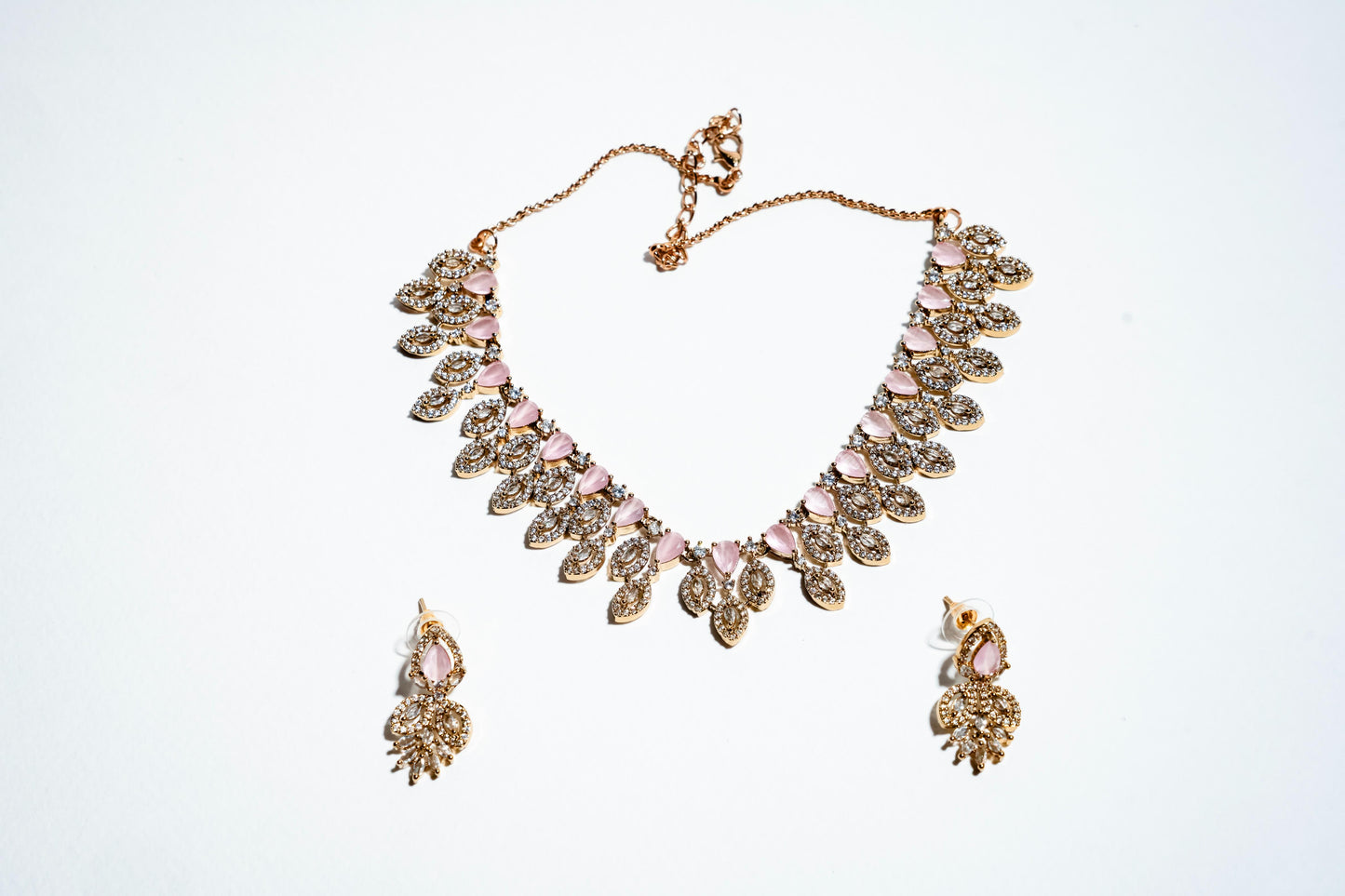 Blush Petal Serenity: 18k Gold-Plated Rose Quartz-Style Crystal Necklace & Earring Set