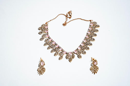 Blush Petal Serenity: 18k Gold-Plated Rose Quartz-Style Crystal Necklace & Earring Set