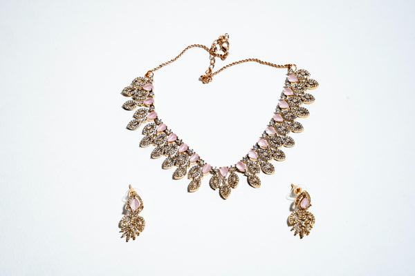 Blush Petal Serenity: 18k Gold-Plated Rose Quartz-Style Crystal Necklace & Earring Set