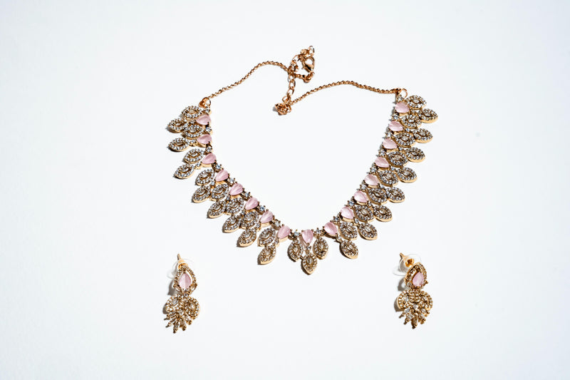 Blush Petal Serenity: 18k Gold-Plated Rose Quartz-Style Crystal Necklace & Earring Set