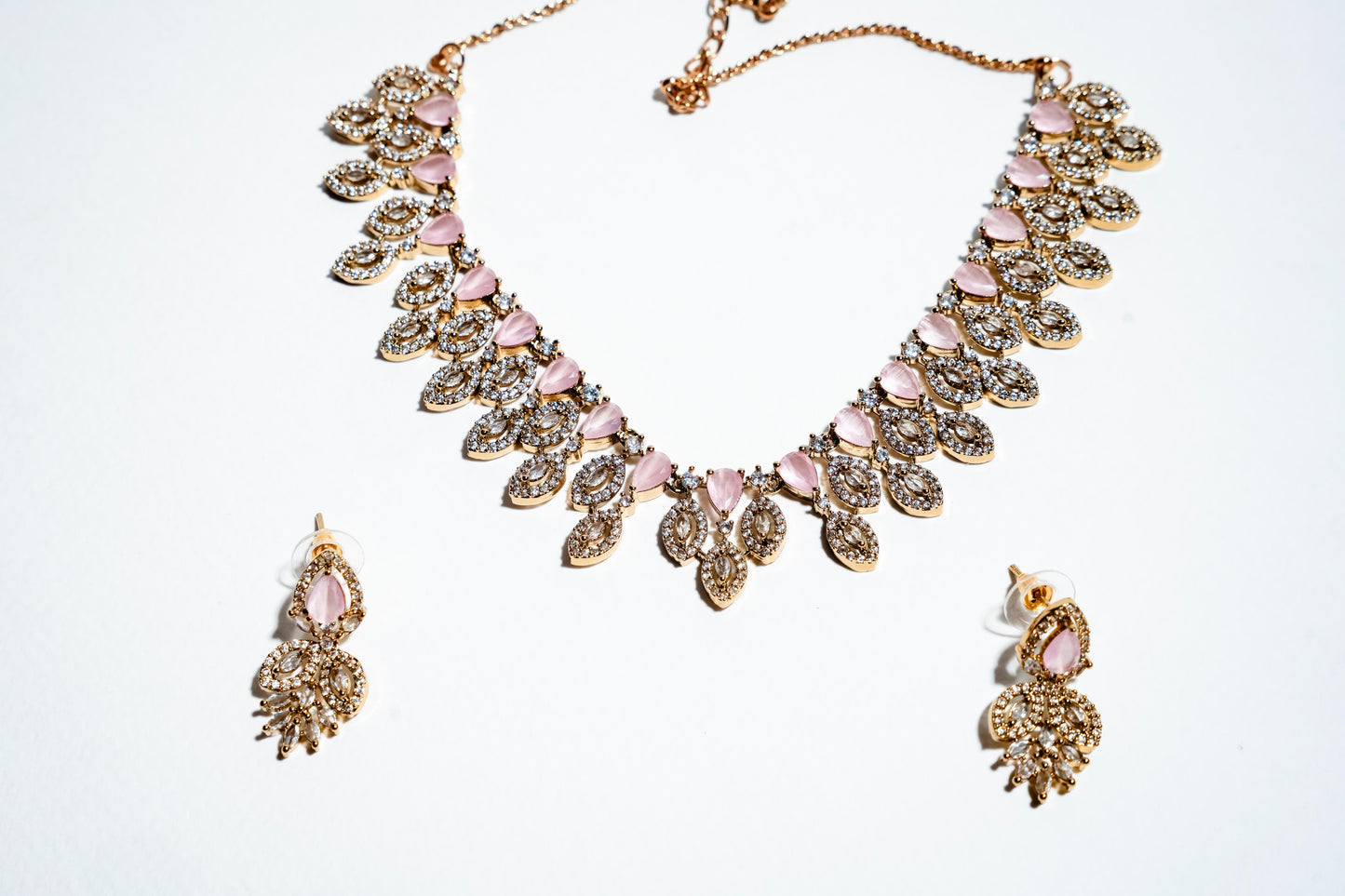 Blush Petal Serenity: 18k Gold-Plated Rose Quartz-Style Crystal Necklace & Earring Set