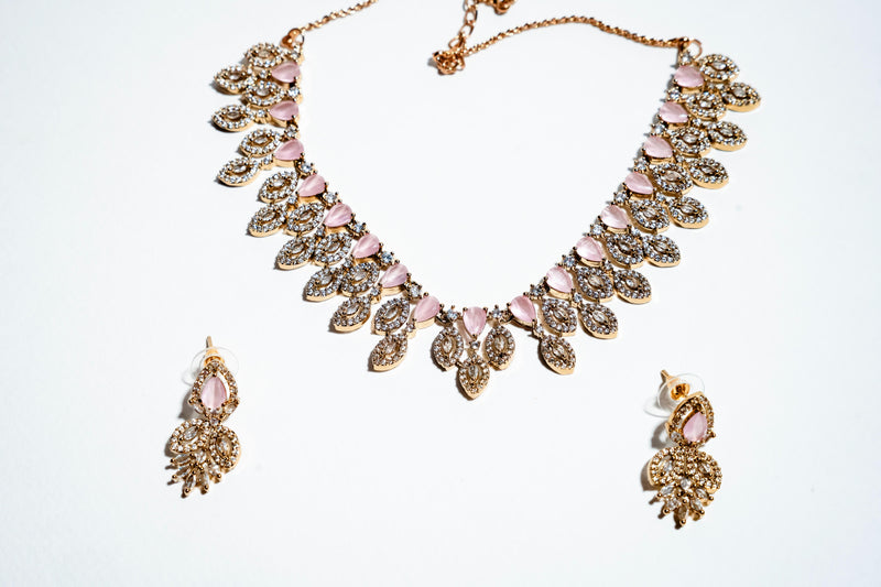 Blush Petal Serenity: 18k Gold-Plated Rose Quartz-Style Crystal Necklace & Earring Set