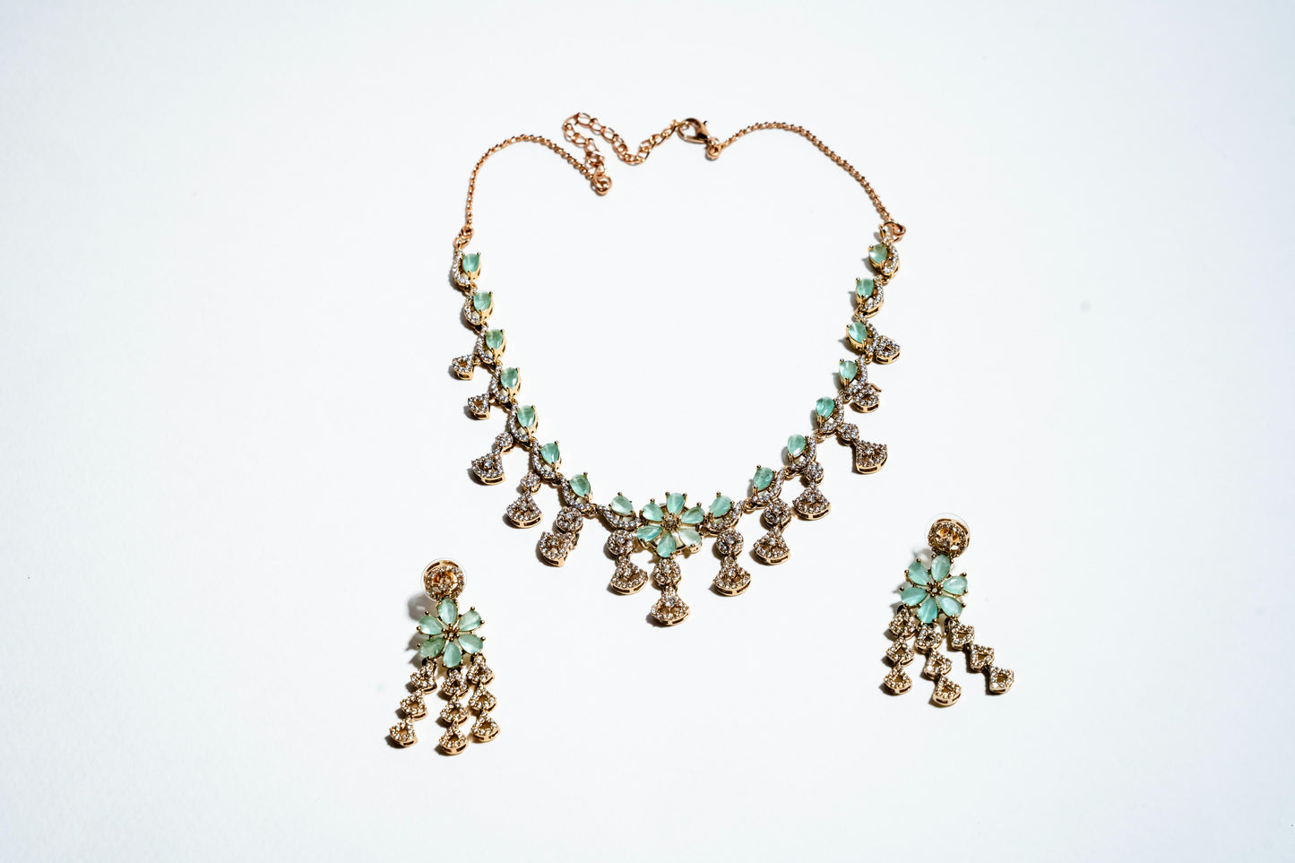 Ethereal Mint Blossom: 18k Gold-Plated Pastel Crystal Necklace & Earring Set
