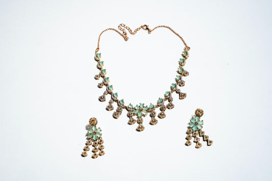 Ethereal Mint Blossom: 18k Gold-Plated Pastel Crystal Necklace & Earring Set
