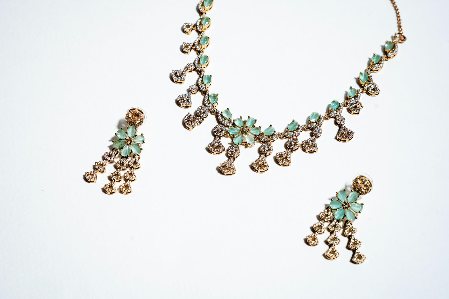 Ethereal Mint Blossom: 18k Gold-Plated Pastel Crystal Necklace & Earring Set