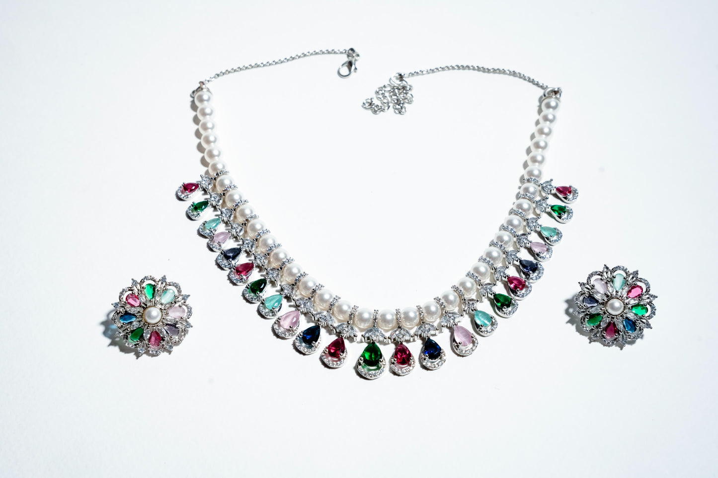 Imperial Gala Kaleidoscope: 925 Silver-Plated Pearl & Multi-Gem Statement Set